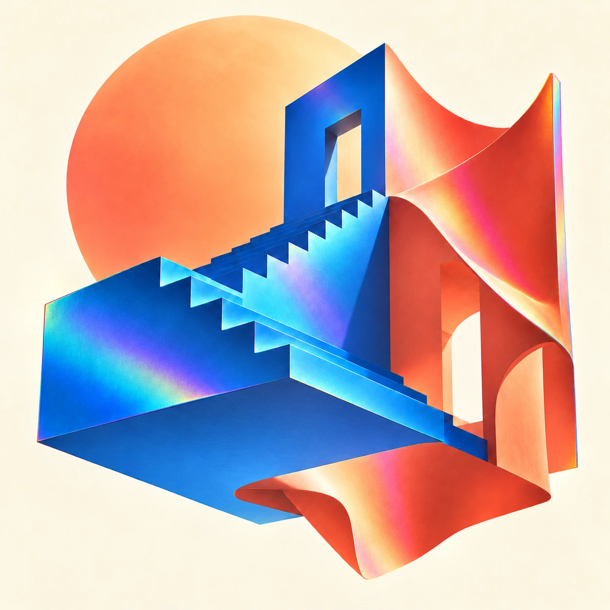 Holographic blue stairs and coral architecture with soft reflected light