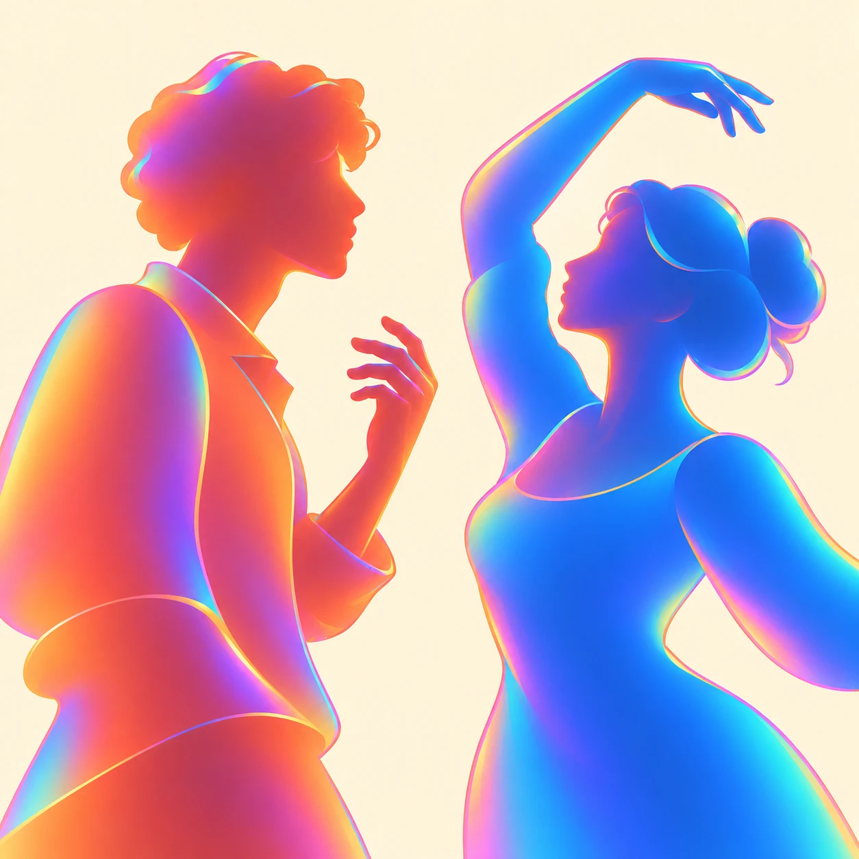 Coral and cyan silhouettes with a thin holographic surface